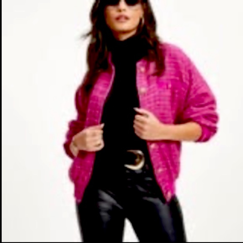 NWT vici collection hot pink pocketed tweed bomber jacket size small